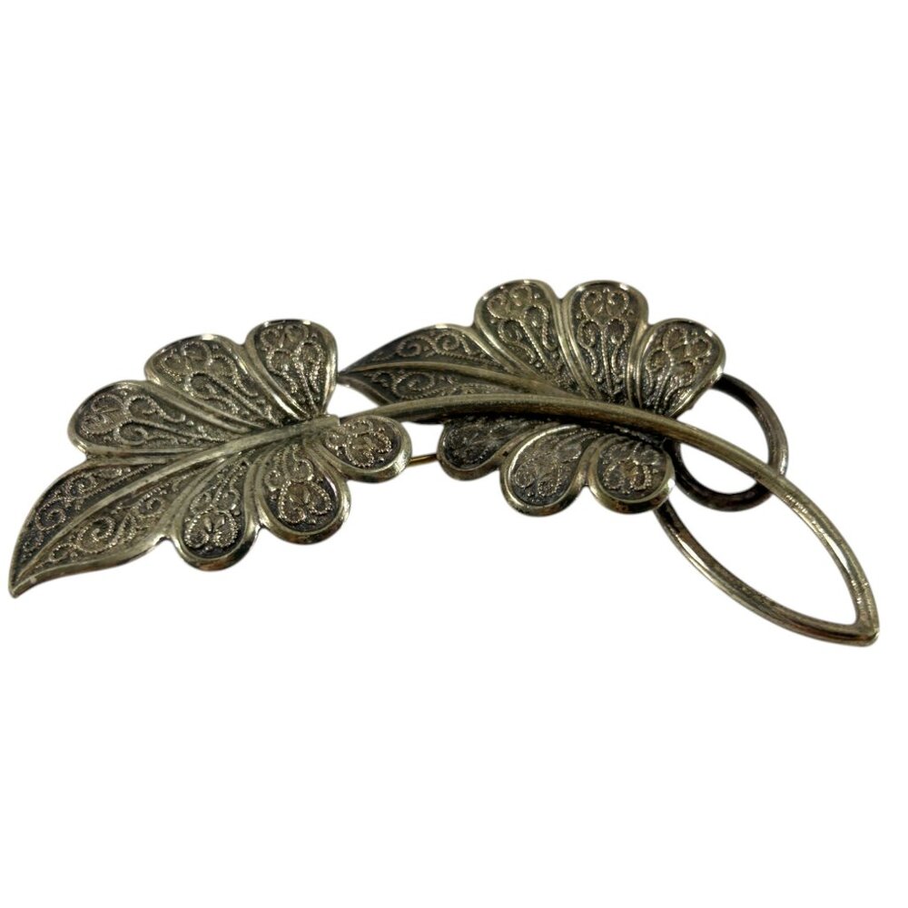 Vintage-Inspired Silver Leaf Brooch - Silver Tone